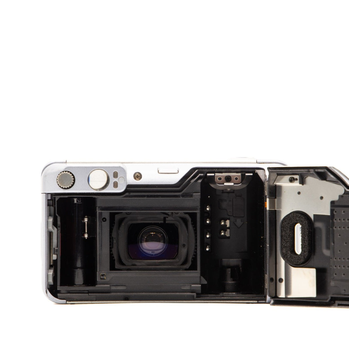 Internal view of the Canon Prima Super 130 Caption lens mechanism and mechanics – 35mm film camera close-up