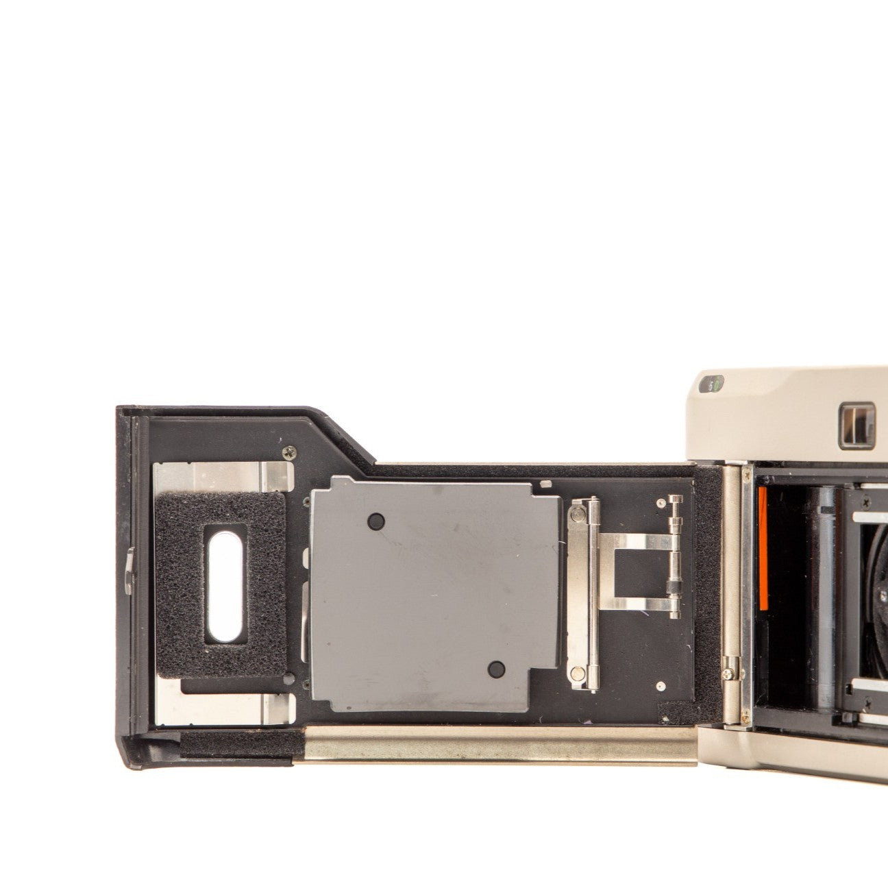Contax T2 (Titanium) film chamber door internals, showing the 35mm film loading mechanism
