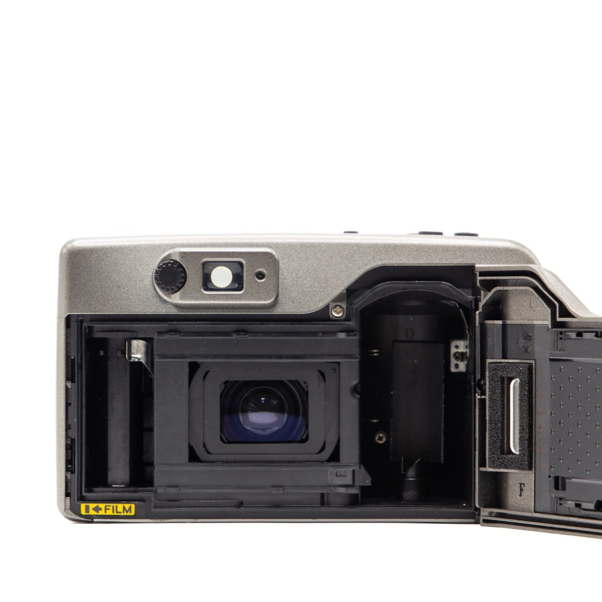 Internal view of the Kyocera Yashica EZ Zoom 105 lens mechanism and mechanics – 35mm film camera close-up