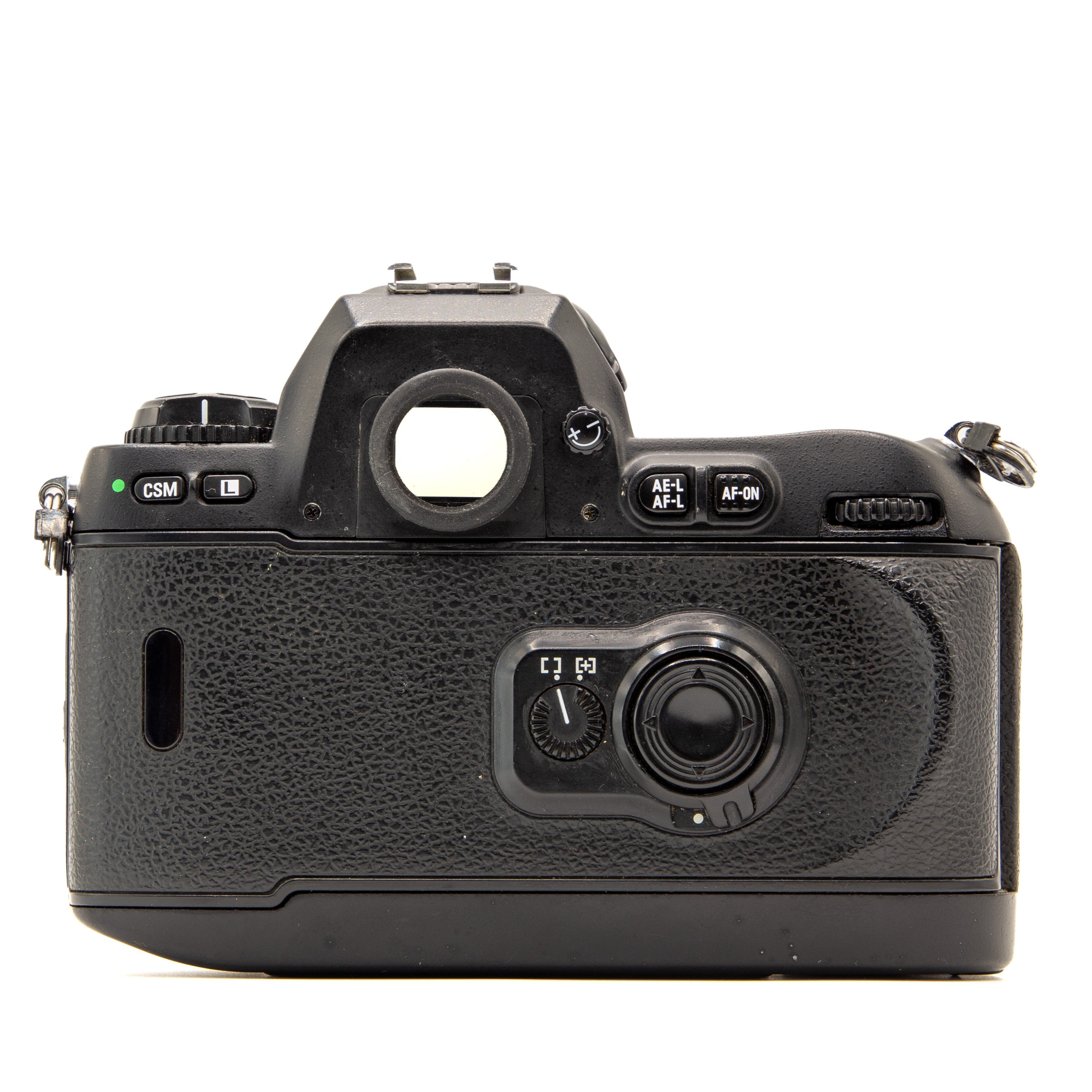 Top plate of the Nikon F100 35mm film camera showing shutter button and dials