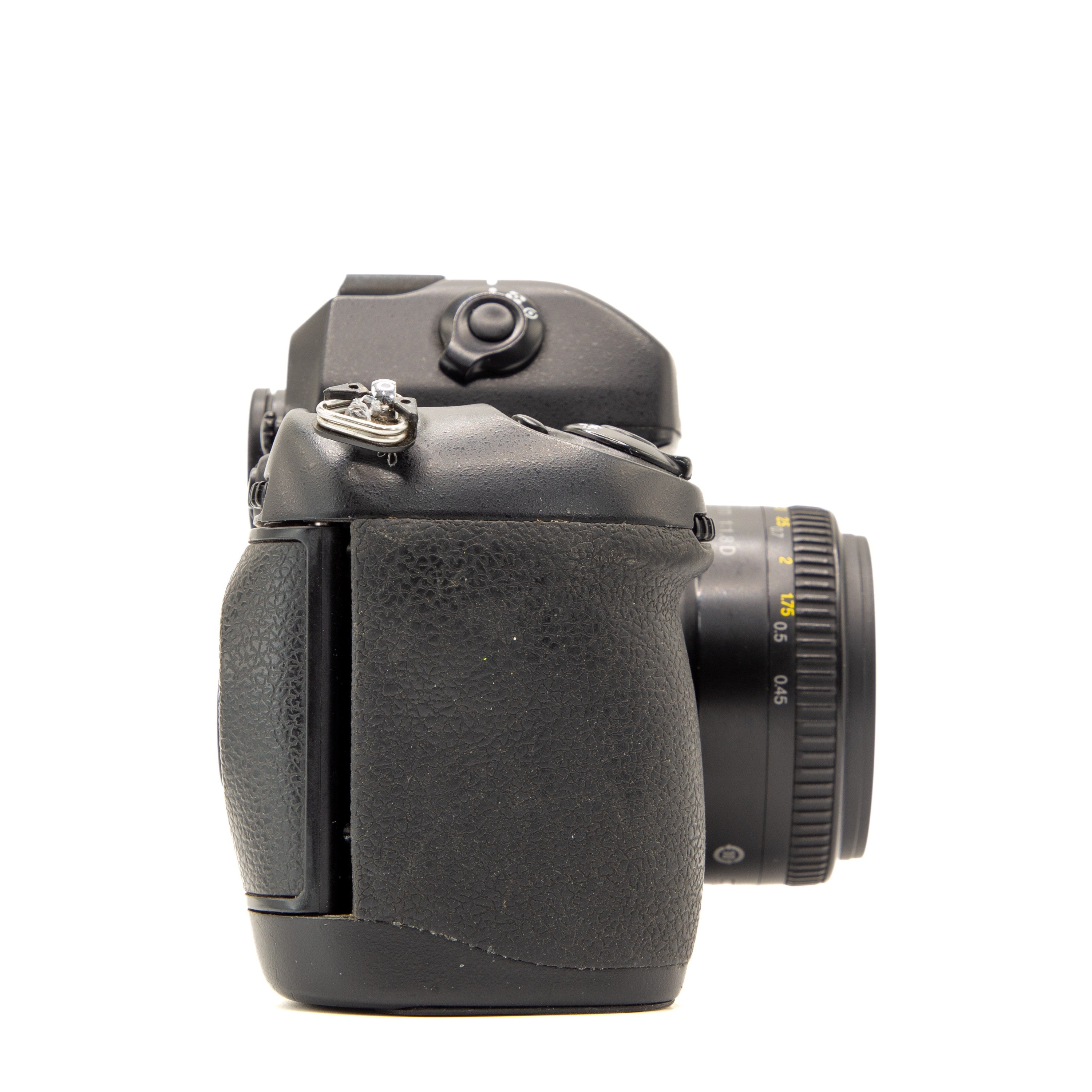 Side view of the Nikon F100 vintage 35mm SLR film camera body