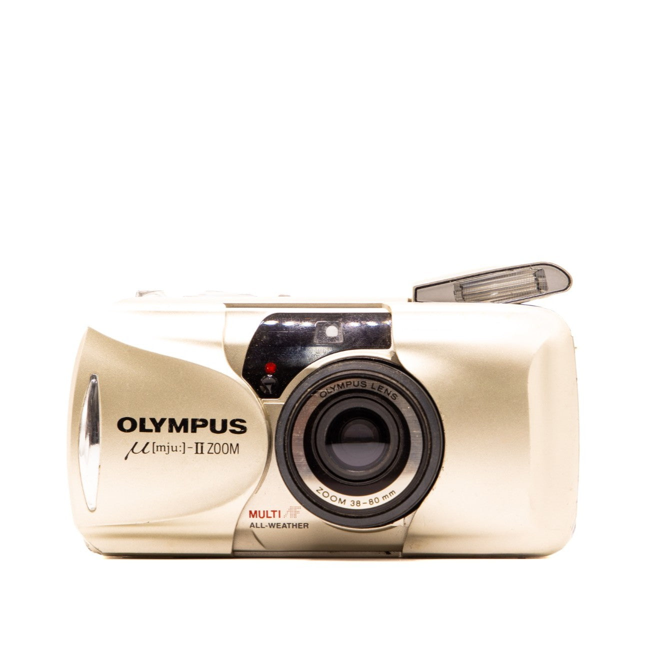 Olympus MJU II Zoom 35mm film camera – front view of this vintage point-and-shoot camera