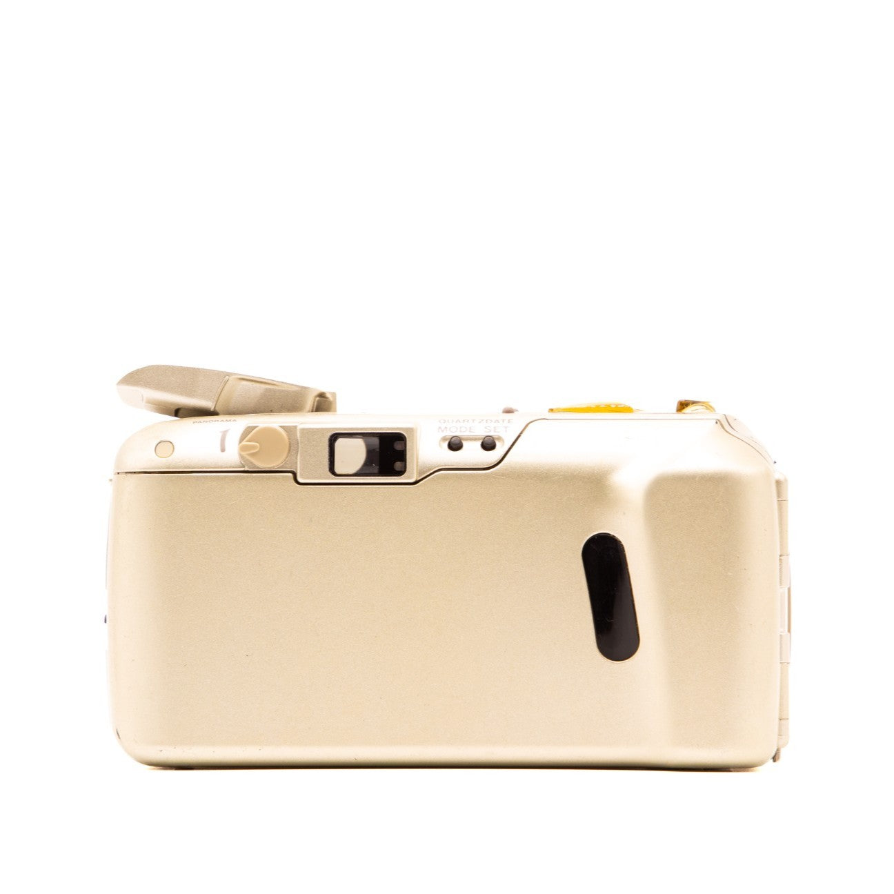 Top plate of the Olympus MJU II Zoom 80 Deluxe 35mm film camera showing shutter button and dials
