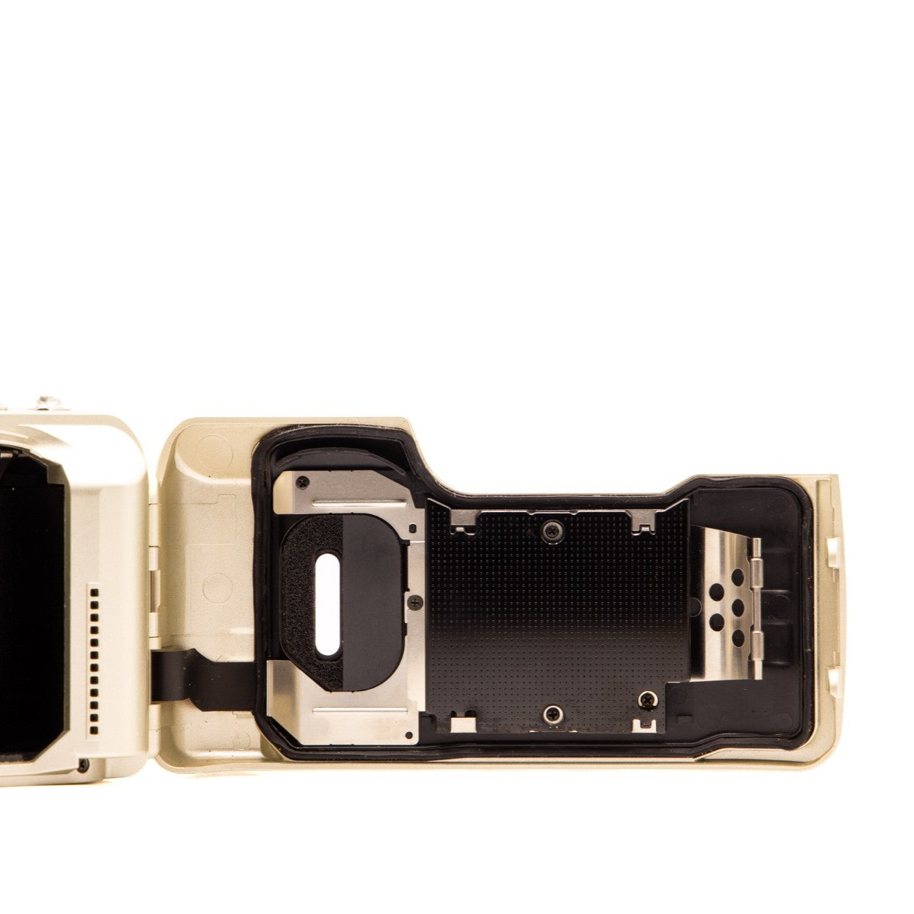 Olympus MJU III 115 film chamber door internals, showing the 35mm film loading mechanism