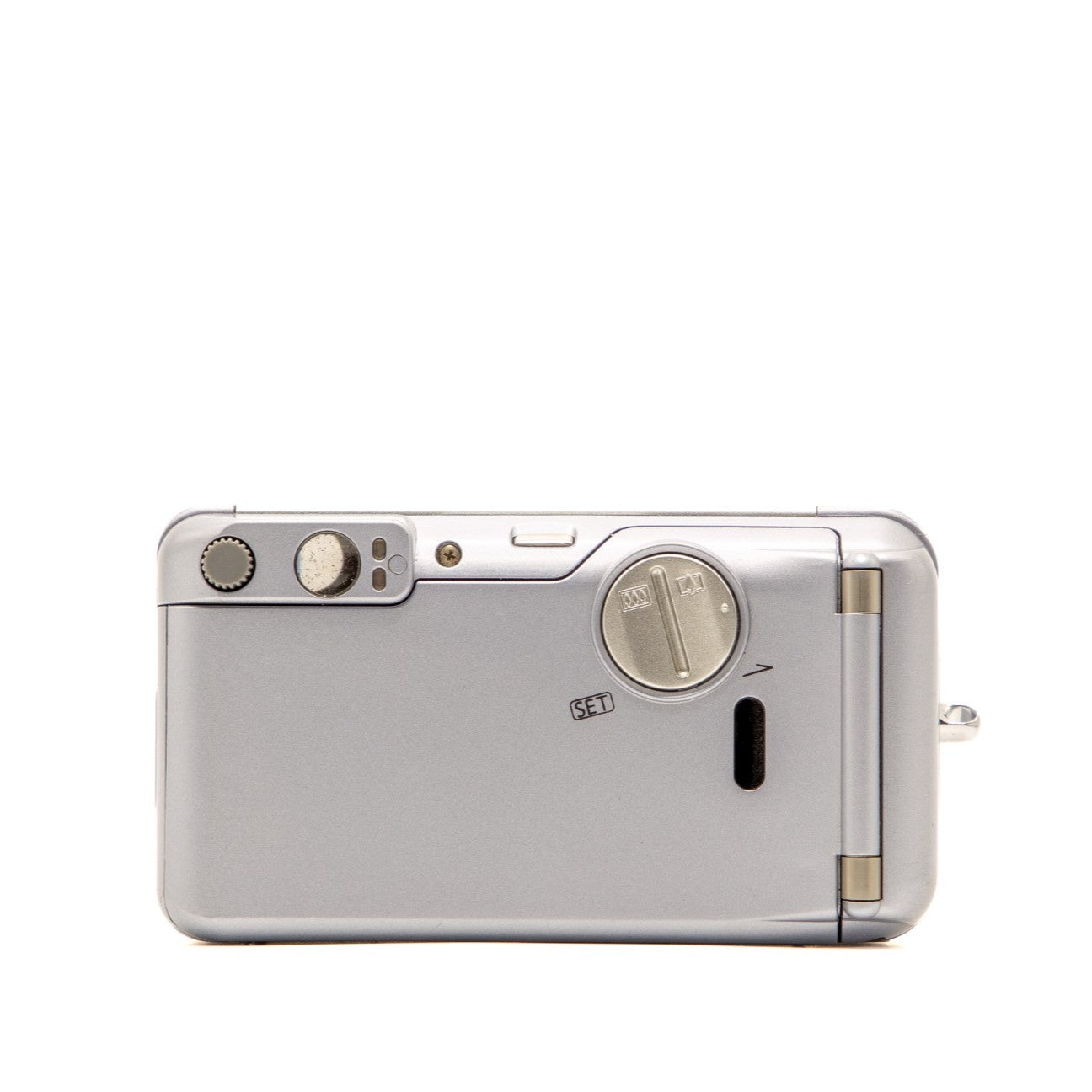 Top plate of the Canon Autoboy N130 35mm film camera showing shutter button and dials
