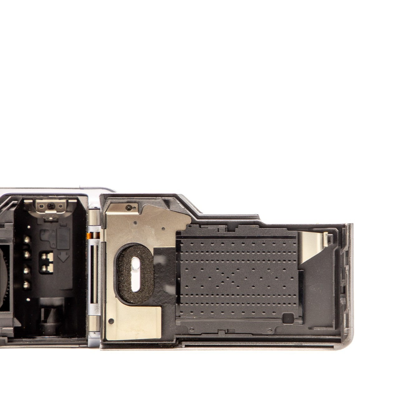 Canon Autoboy N130 film chamber door internals, showing the 35mm film loading mechanism