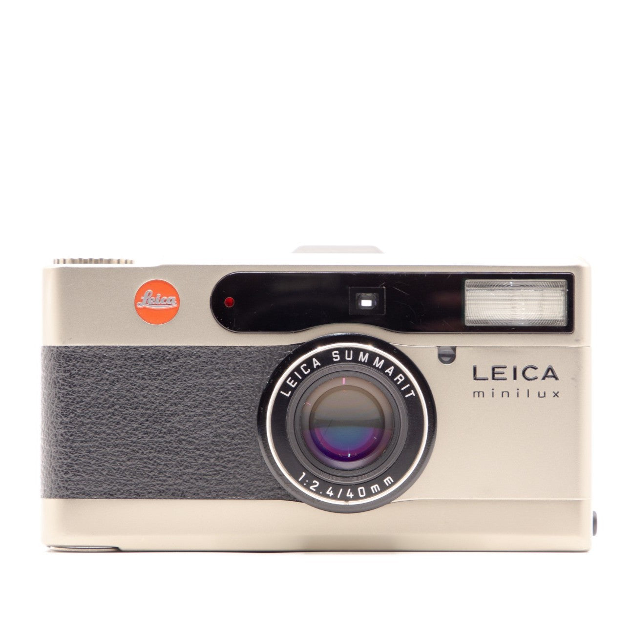 A vintage Leica Minilux compact film camera, featuring a textured grey leather grip and a black top strip with a flash window on a white background.