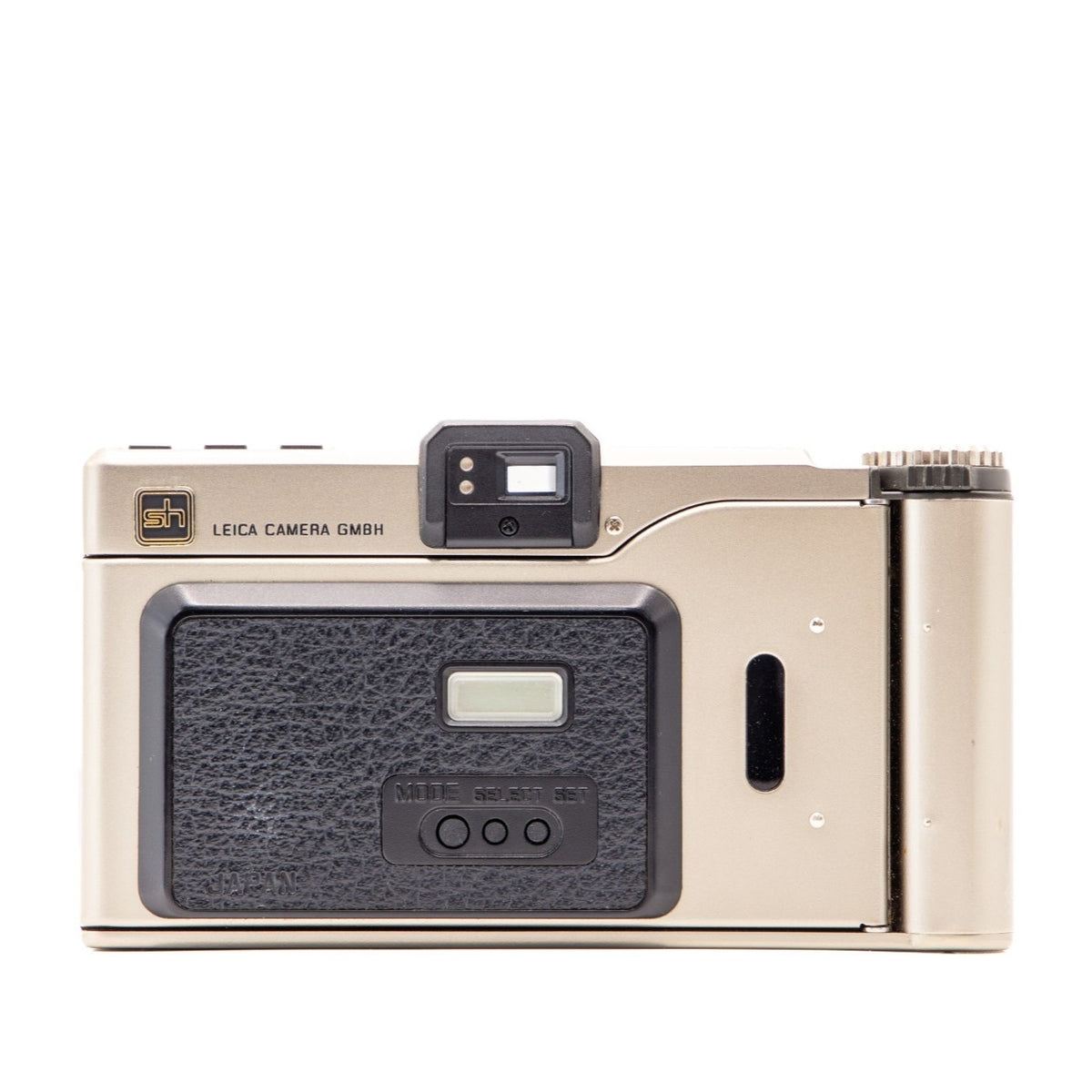 Top plate of the Leica Minilux 35mm film camera showing shutter button and dials