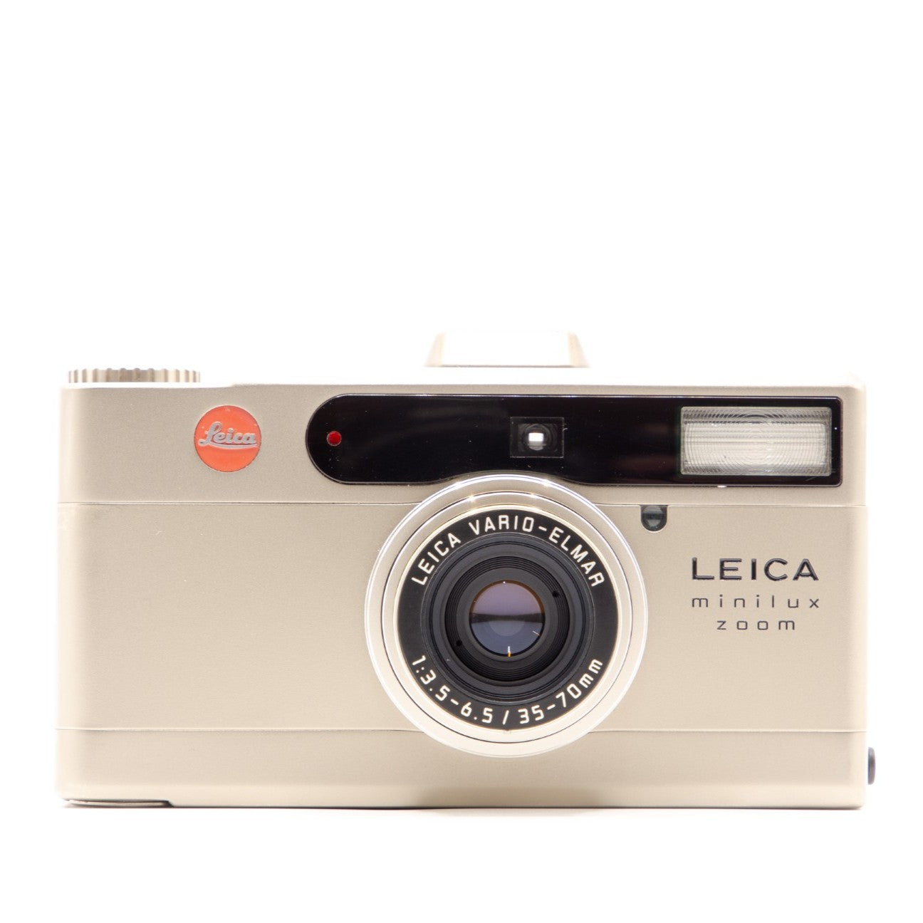 A vintage Leica Minilux Zoom compact film camera on a whit background