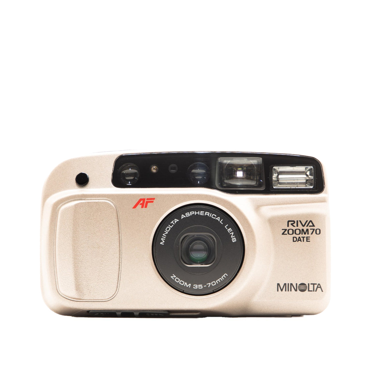 A Minolta Riva Zoom 70 compact film camera shown against a plain white background.