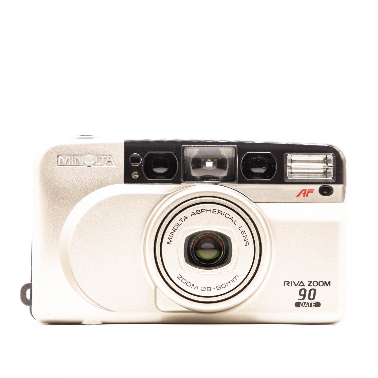 Vintage Minolta Riva Zoom 90 camera on a white background