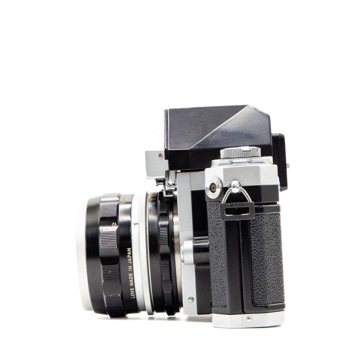 Back view of the Nikon F Photomic FTn vintage 35mm SLR camera showing film door and controls