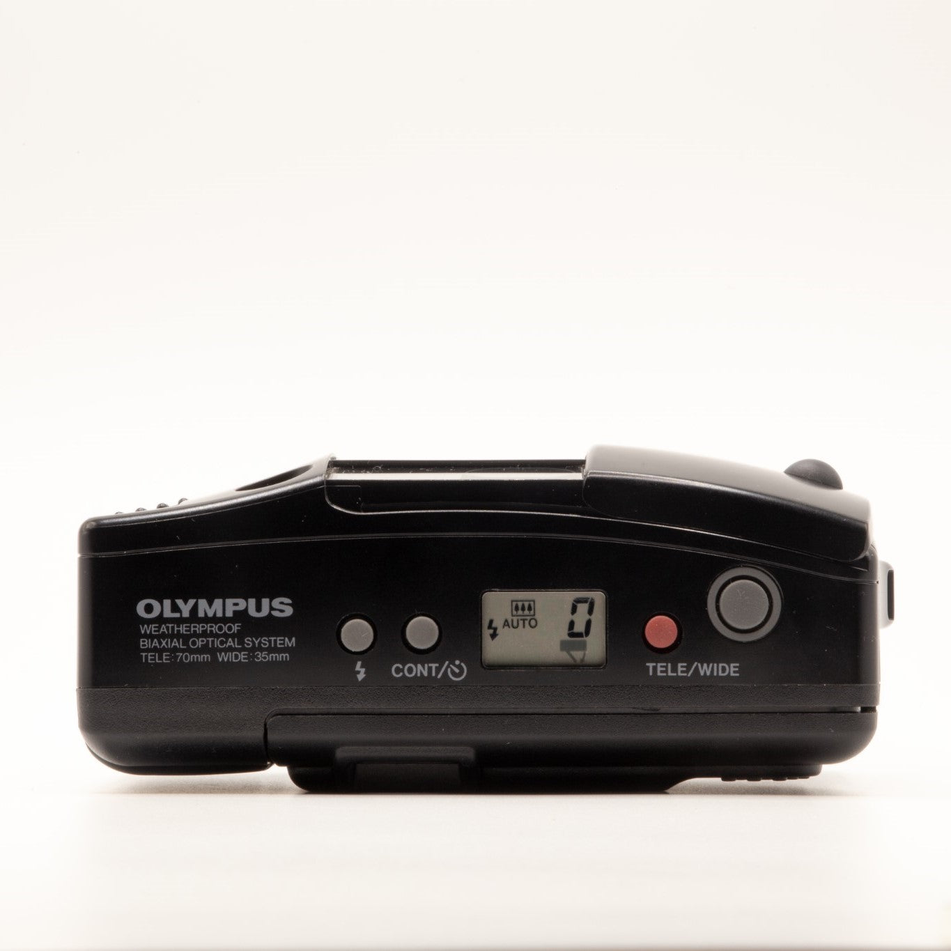 Top plate of the Olympus AF-1 Twin 35mm film camera showing shutter button and dials