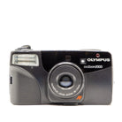 An Olympus Infinity Zoom 2000 compact film camera in black, featuring a front view with the lens, flash, and brand logo visible against a plain white background.