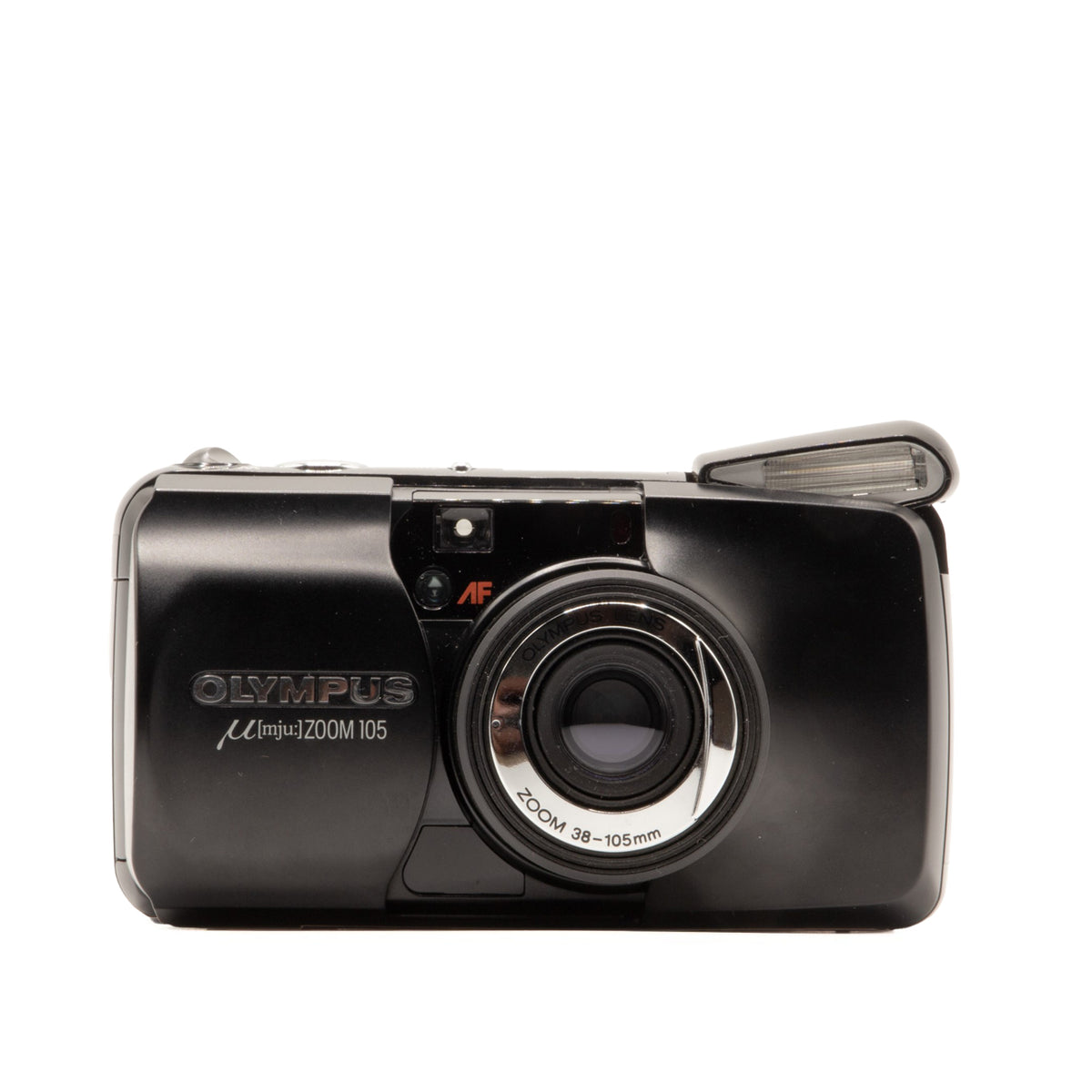 Olympus MJU Zoom 105 35mm film camera – front view of this vintage point-and-shoot camera