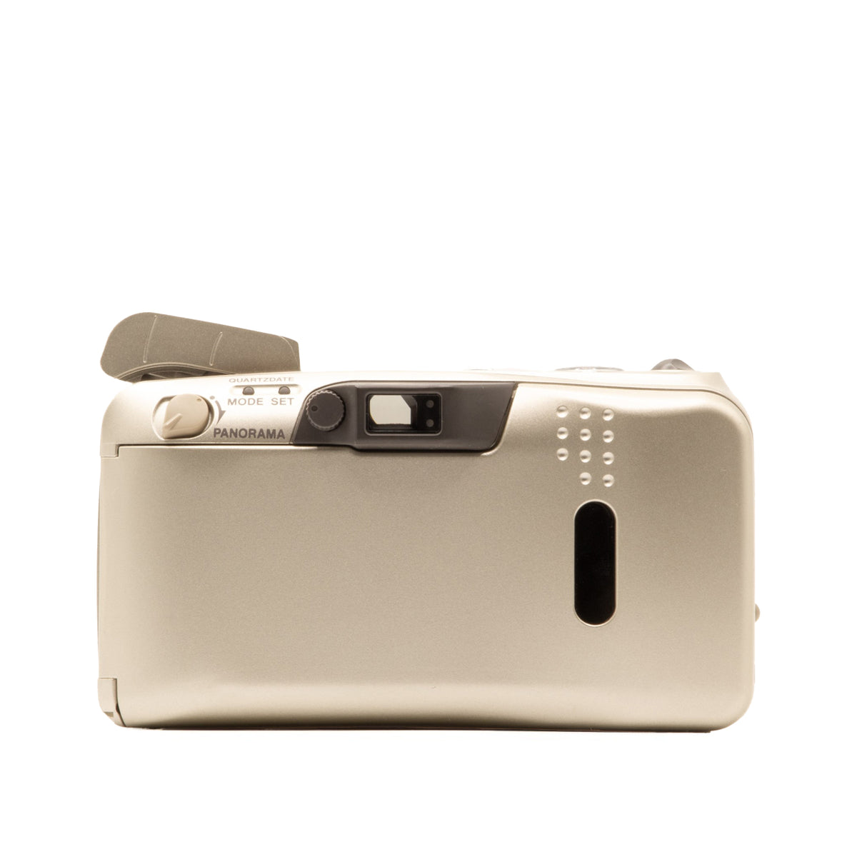 Back view of the Olympus MJU Zoom 130 vintage 35mm camera showing film door and controls