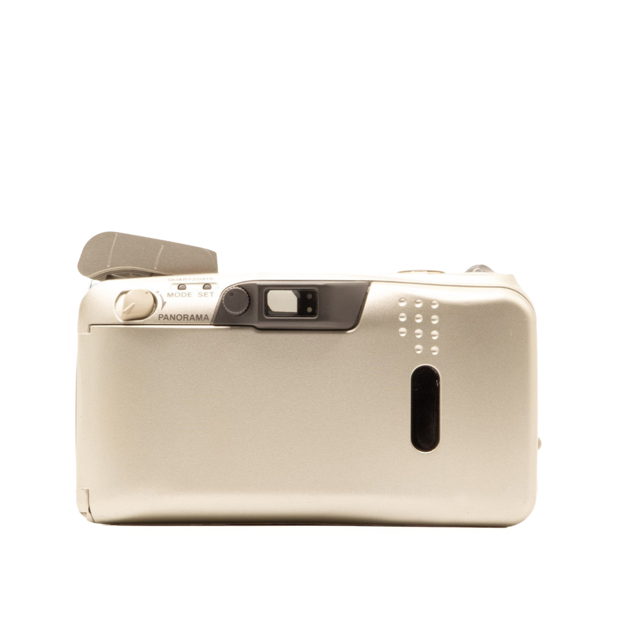 Back view of the Olympus MJU Zoom 140 Deluxe vintage 35mm camera showing film door and controls