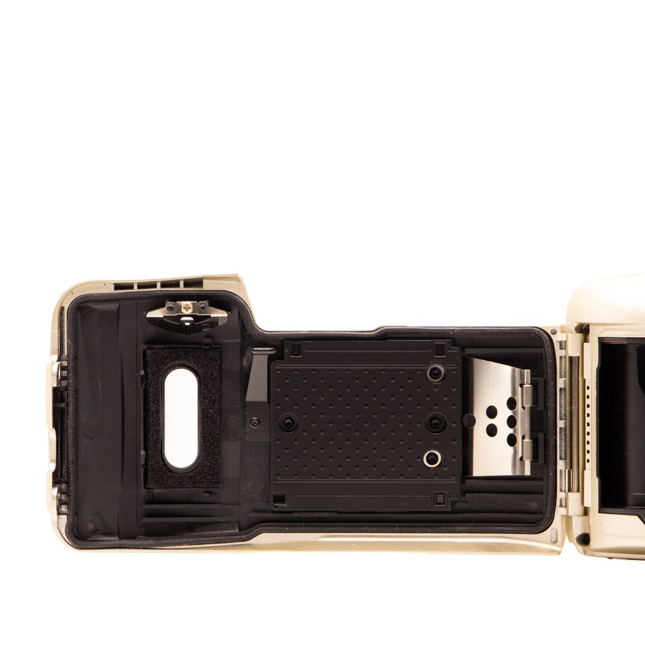 Olympus MJU Wide 80 film chamber door internals, showing the 35mm film loading mechanism
