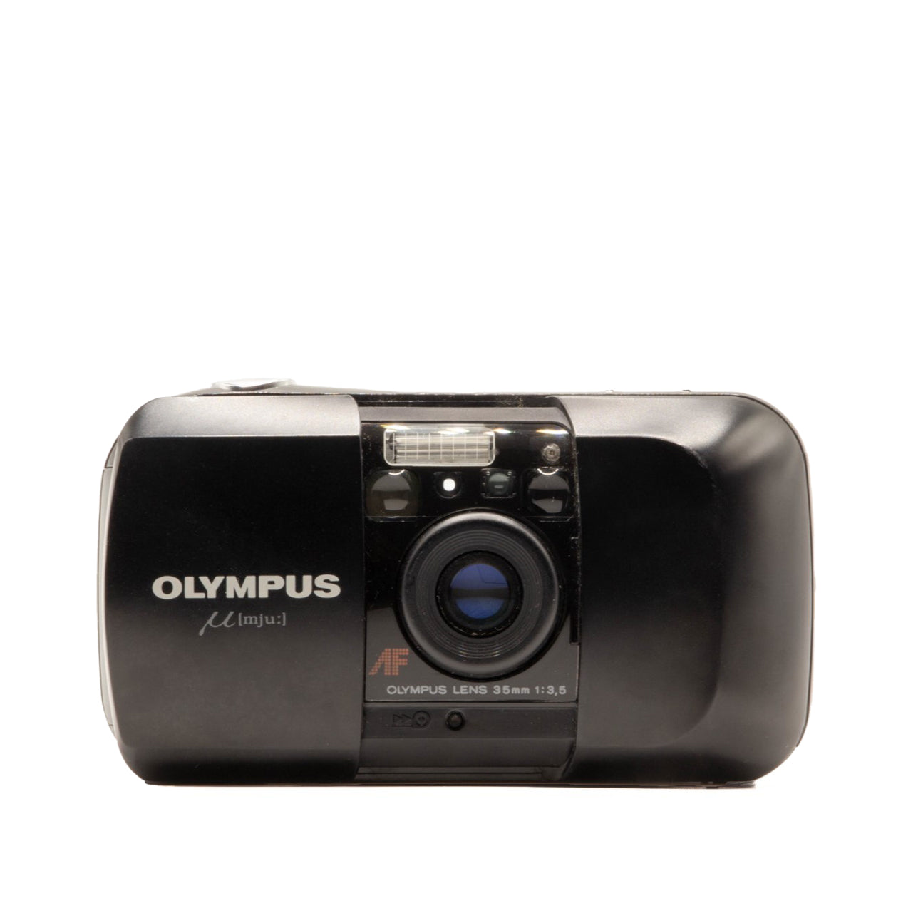 Black Olympus film camera on a white background