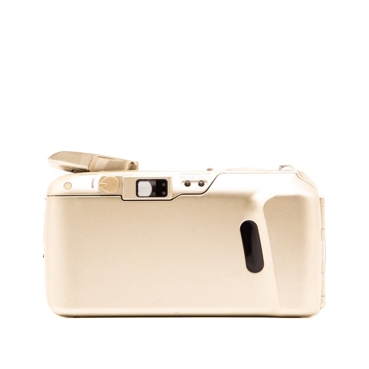 Top plate of the Olympus MJU II Zoom 35mm film camera showing shutter button and dials