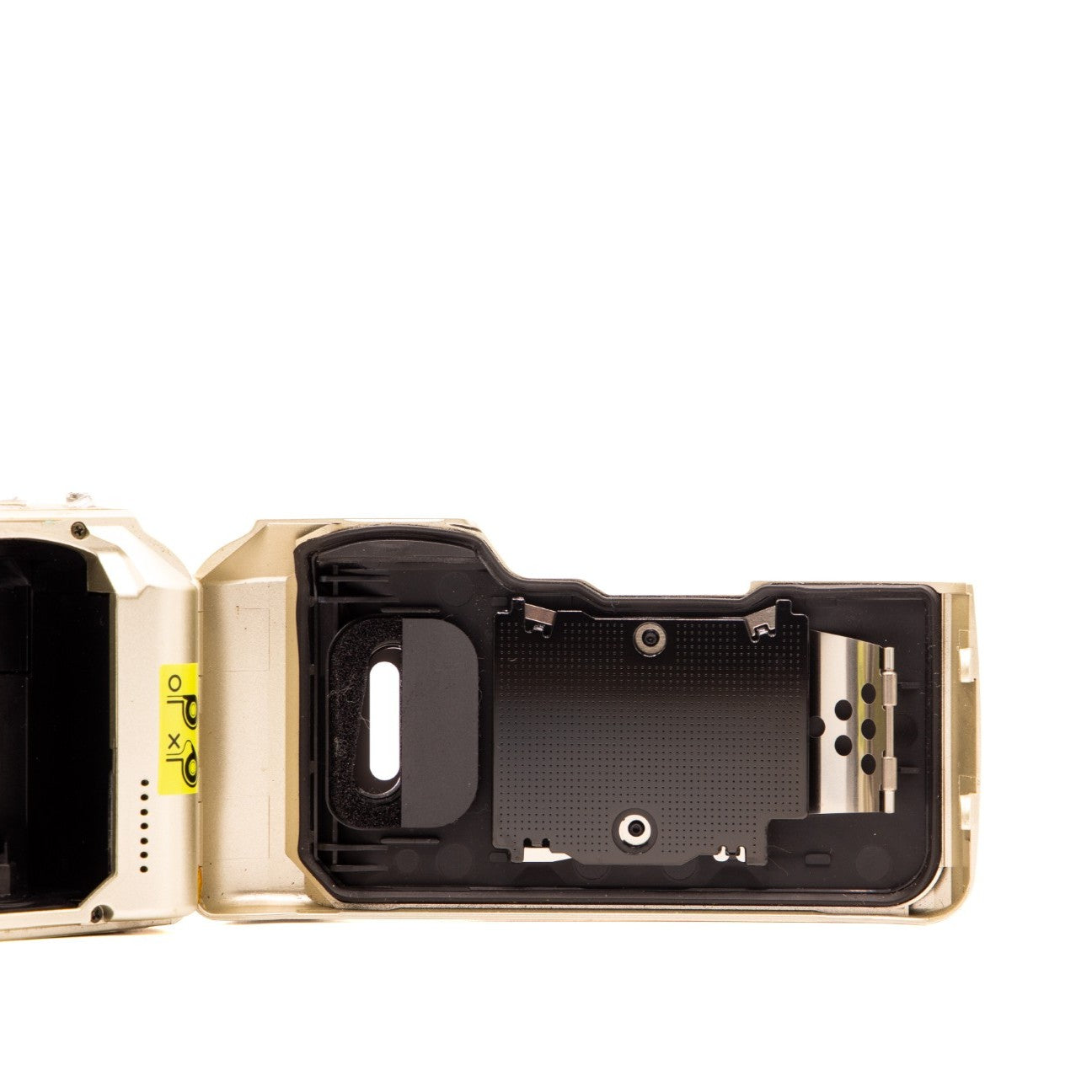 Olympus MJU II Zoom film chamber door internals, showing the 35mm film loading mechanism