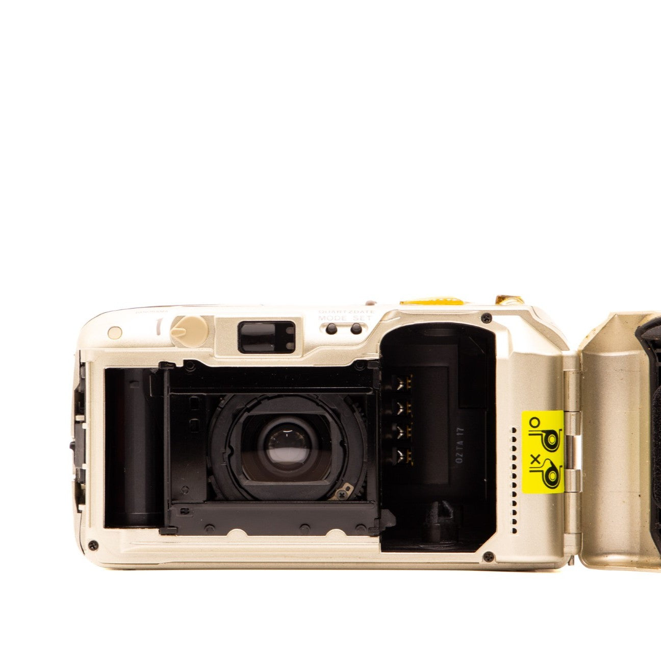 Internal view of the Olympus MJU II Zoom 80 Deluxe lens mechanism and mechanics – 35mm film camera close-up