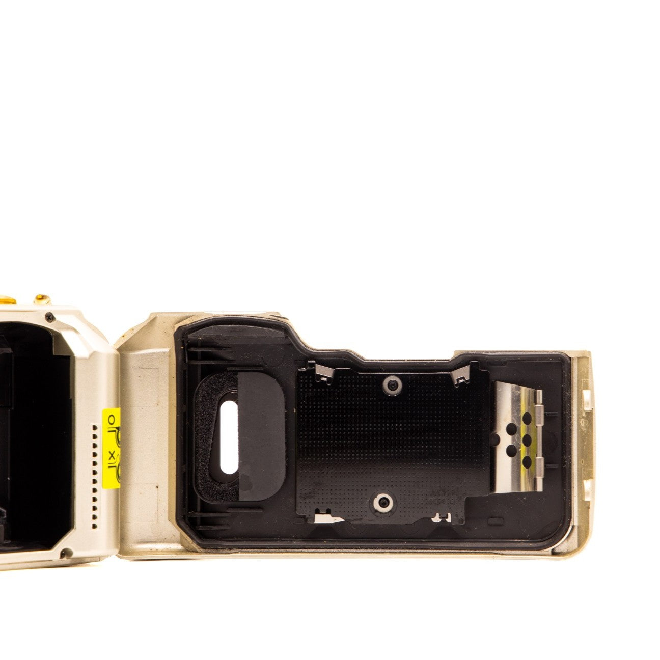 Olympus MJU II Zoom 80 Deluxe film chamber door internals, showing the 35mm film loading mechanism