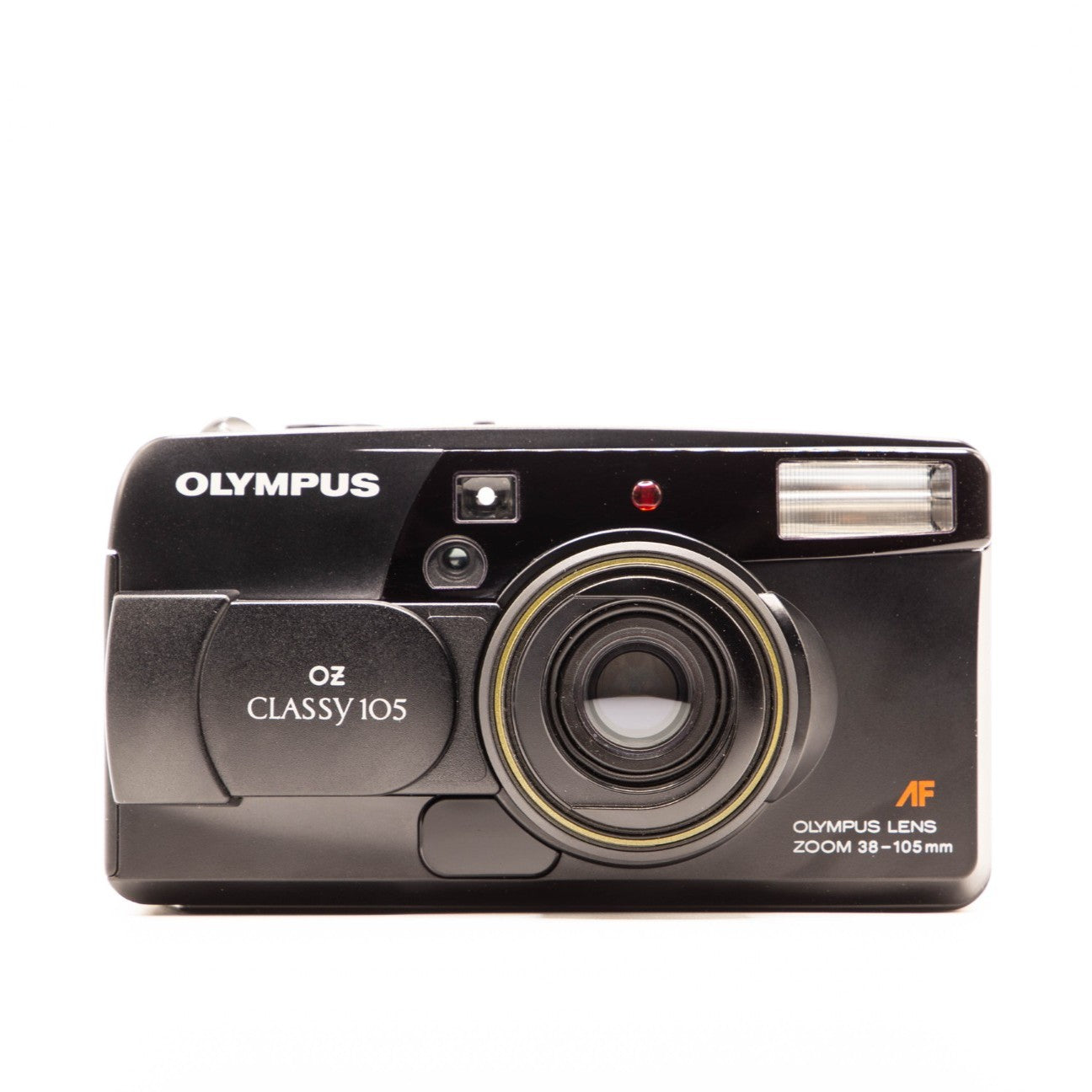 Black Olympus camera on a white background