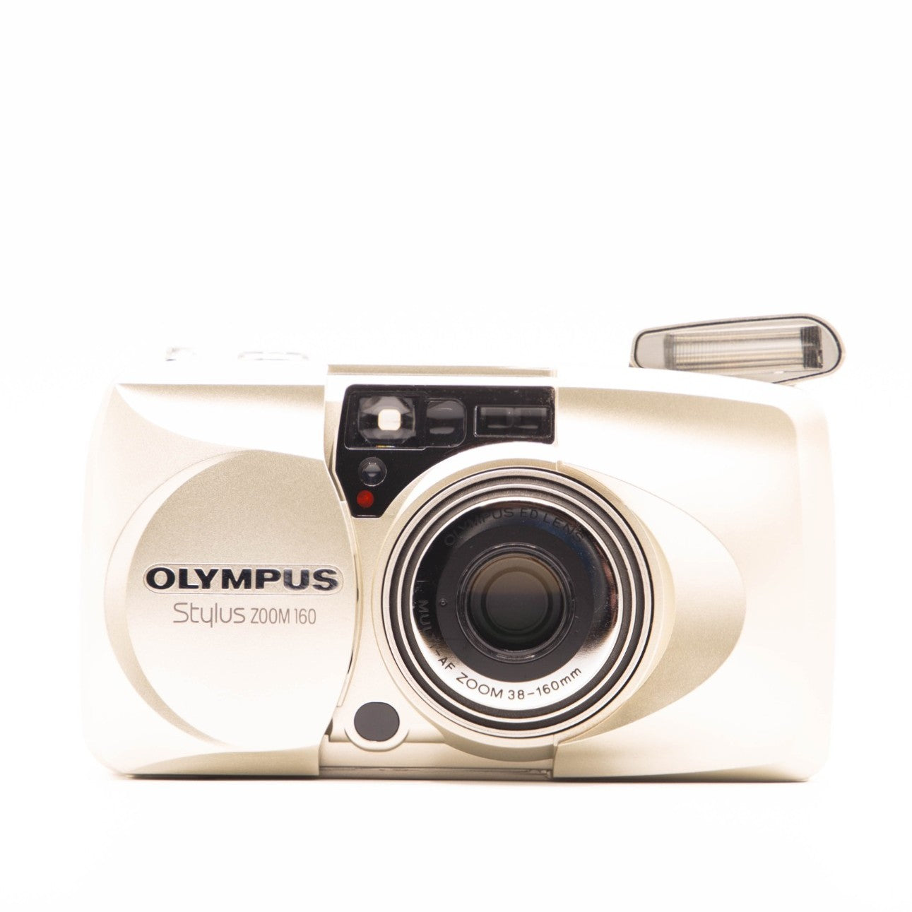 Olympus Stylus Zoom 160 film camera on a white background