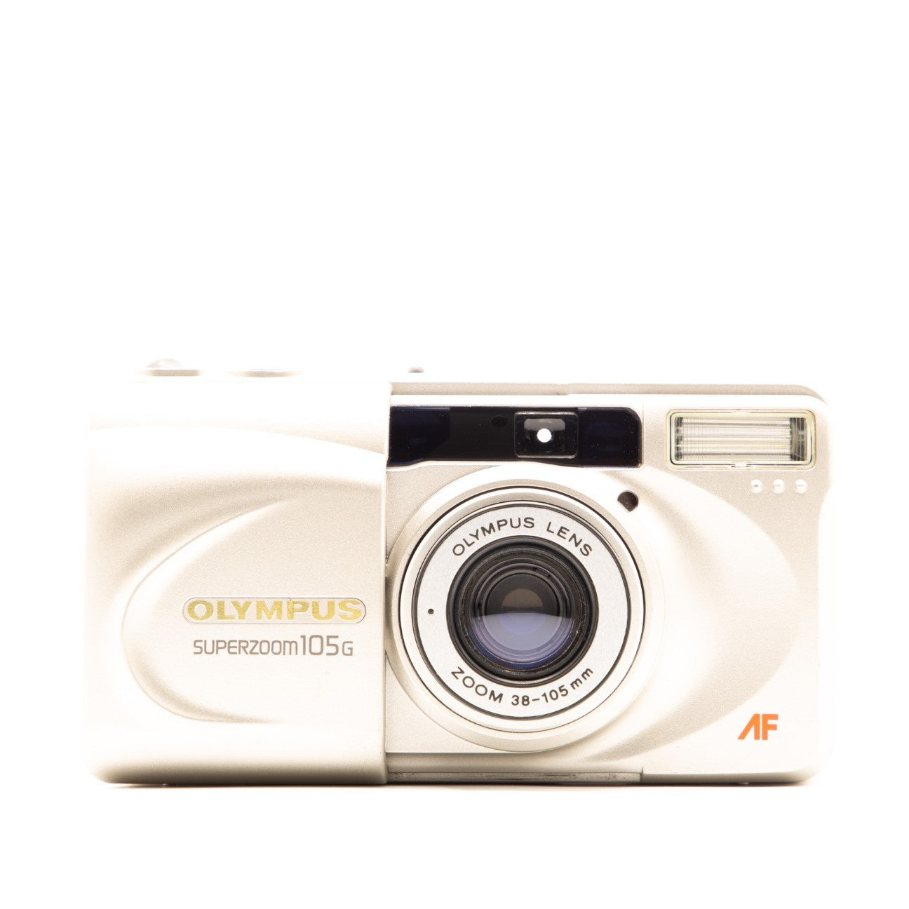 Olympus camera with 'Superzoom 105g' and 'AF' on a white background