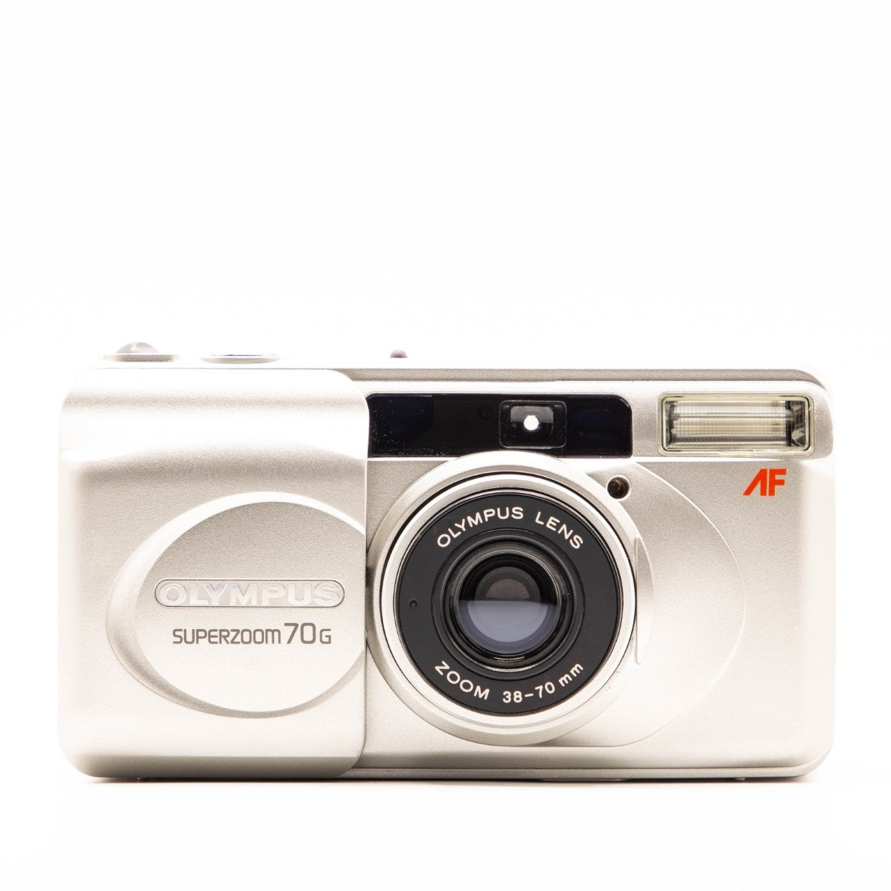 Olympus camera with 'Superzoom 70G' and 'Olympus Lens' text on a white background
