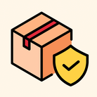 Icon of a cardboard box with a yellow shield featuring a check mark on a beige background